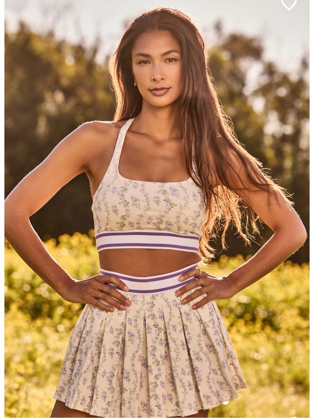 Altar'd State Cream Floral Pleated Mini Skirt and sports bra